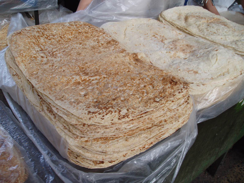 Stacks of lavash displayed at a market in Yerevan